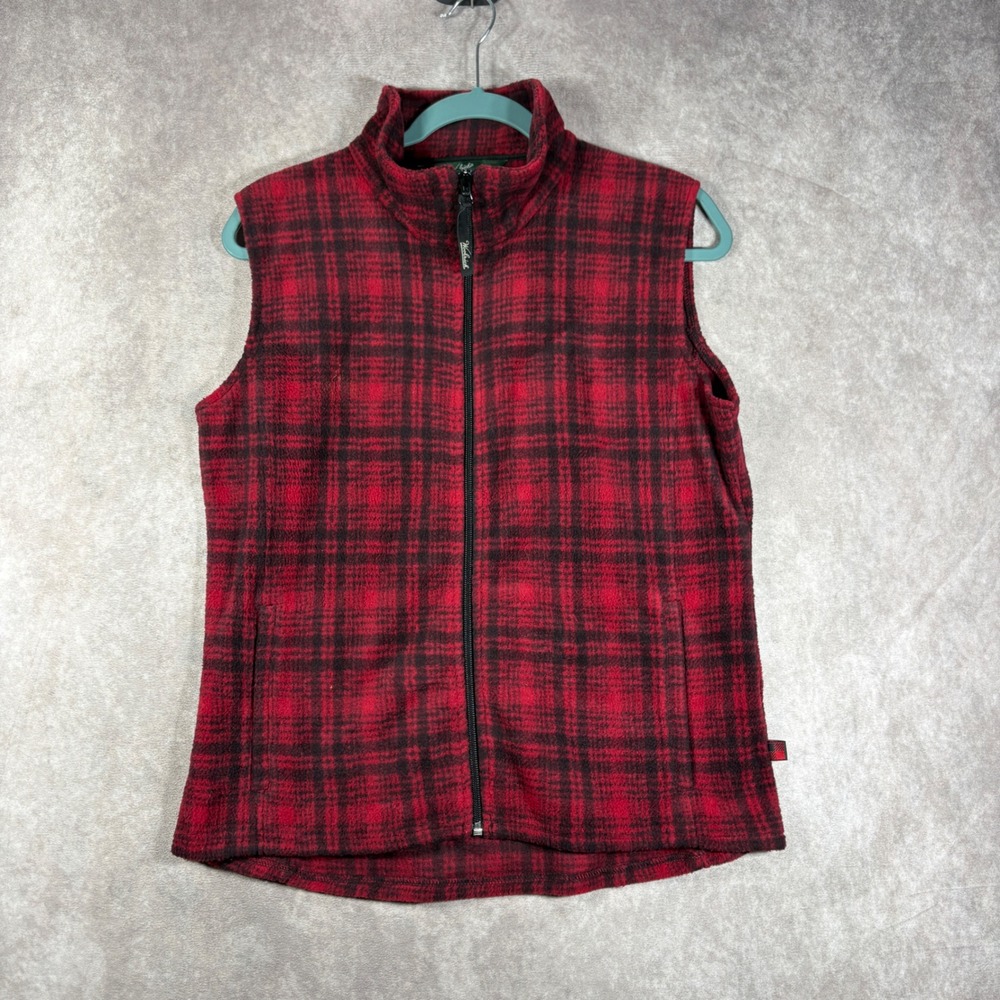 Woolrich Fleece Vest Womens M Red Black Hunt Plaid Full Zip Outdoor Lumberjack